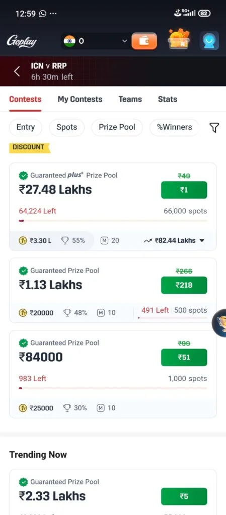 Goplay11 fantasy cricket app create team join contest and win rewards