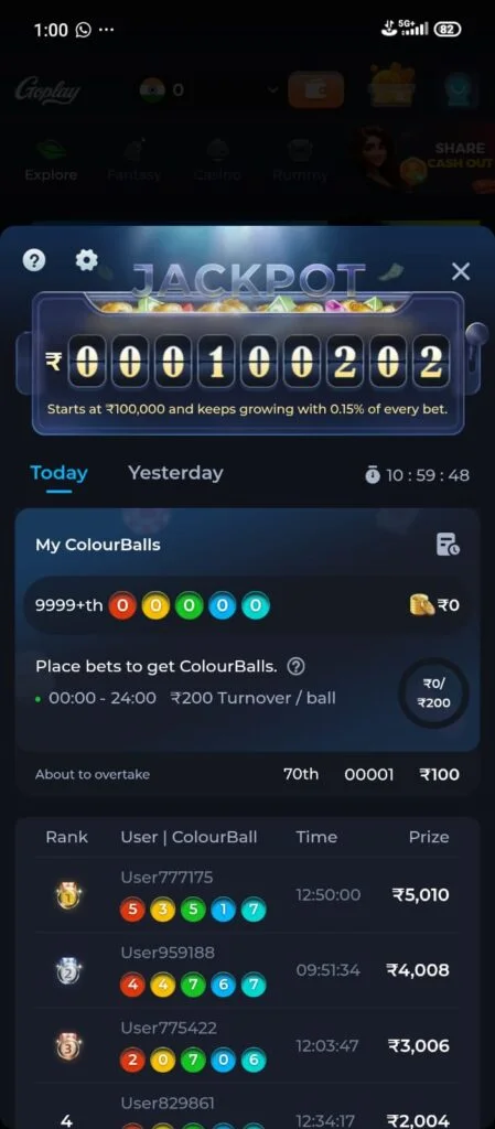 Goplay11 rummy game and online casino games app slots spin win feature